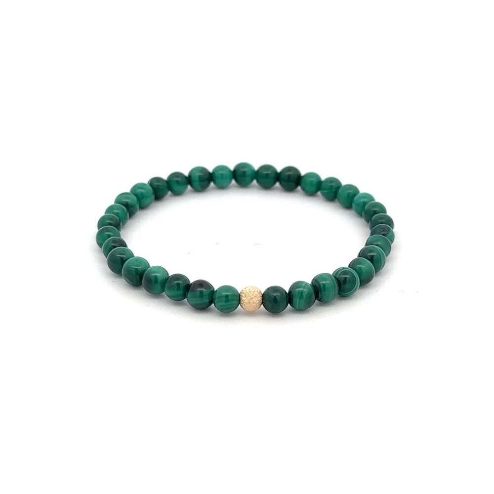 Malachite Gemstone Beaded Stretch Bracelet 14K Gold Stardust Accent Bead